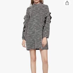BCBGeneration Black/White Tweed Mini-Dress, Mock Turtleneck, Ruffle Sleeves, Med
